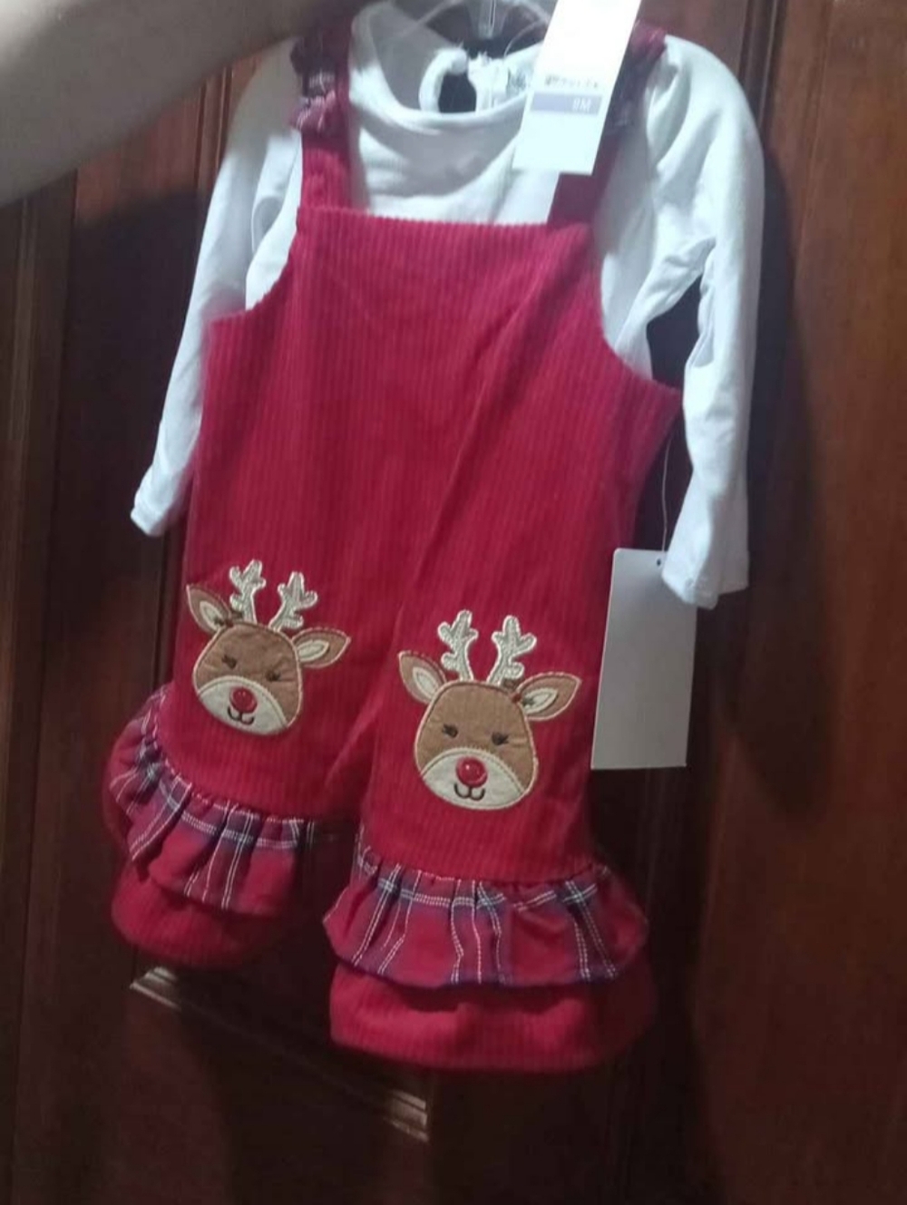 Red Corduroy Reindeer Pinafore with White Top - Picture 3 of 4